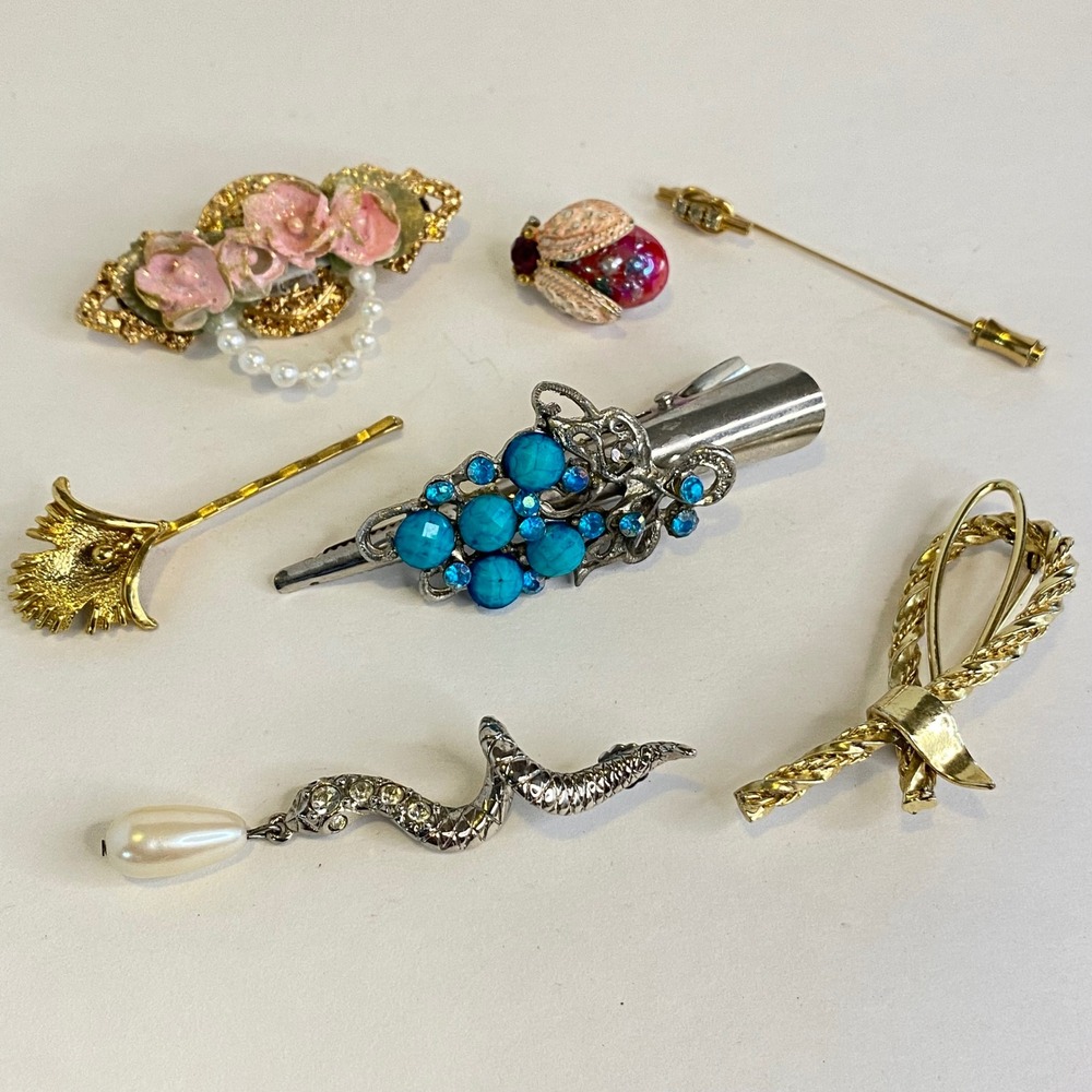 Vintage Style Jewelry Lot 7pc Brooches Snake Earring Hair Clips Gold Silver Tone